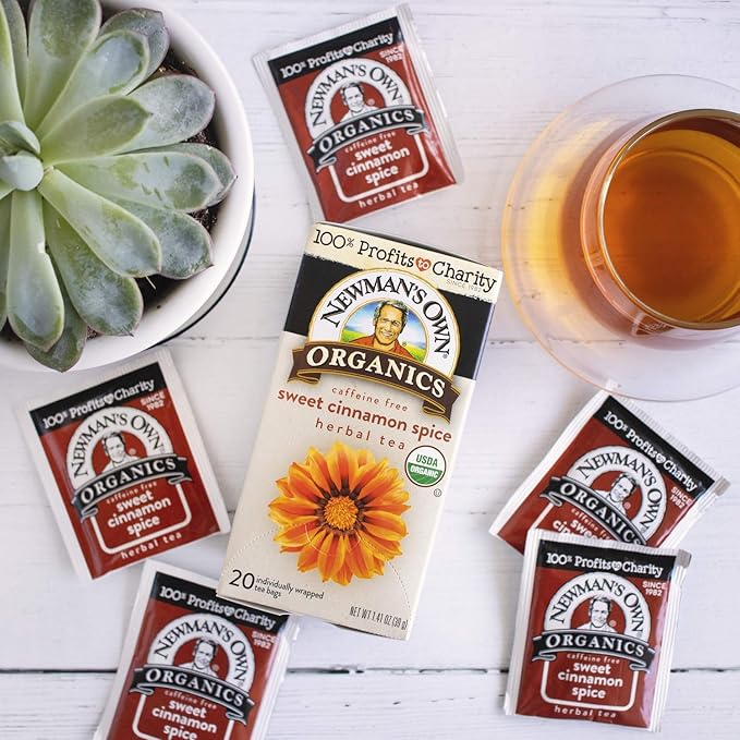 Newman's Own Organic Sweet Cinnamon Spice Herbal Tea with Rooibos Tea with Organic Ginger 20 Individually Wrapped Tea Bags Per Box (Pack of 4) USDA Certified and Kosher Cinnamon Tea Caffeine-Free