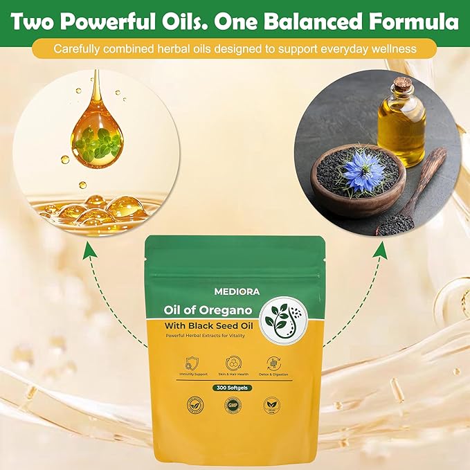 Oil of Oregano with Black Seed Oil Softgels 300 Count 2 in 1 Organic Oregano Capsules for Digestive &amp Immune Support Carvacrol &amp Thymoquinone Plant Based Non-GMO Gluten Free