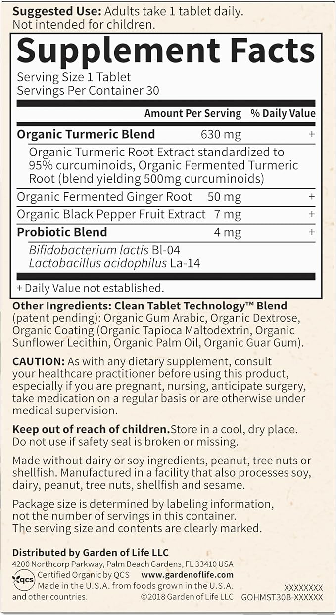 Garden of Life Organics Maximum Strength Turmeric Joints &amp Mobility Support 30 Tablets - 500mg Curcumin (95% Curcuminoids) Black Pepper - Organic Non-GMO Vegan &amp Gluten Free Herbal Supplements