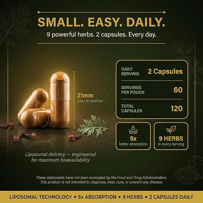 Liposomal Herbal Parasite &amp Gut Detox 120 Capsules 5X Better Absorption with Black Walnut Wormwood Clove Pumpkin Seed Garlic Oregano PAU D'Arco Papaya