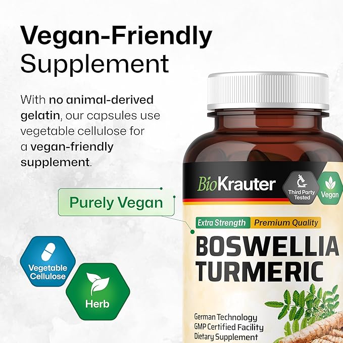 BIO KRAUTER® Turmeric Curcumin Supplement with Boswellia for Joint Support - Vegan Turmeric with Black Pepper &amp Boswellia Extract 100 Capsules 33 Days of Supply Non-GMO - Natural Digestive Suppo