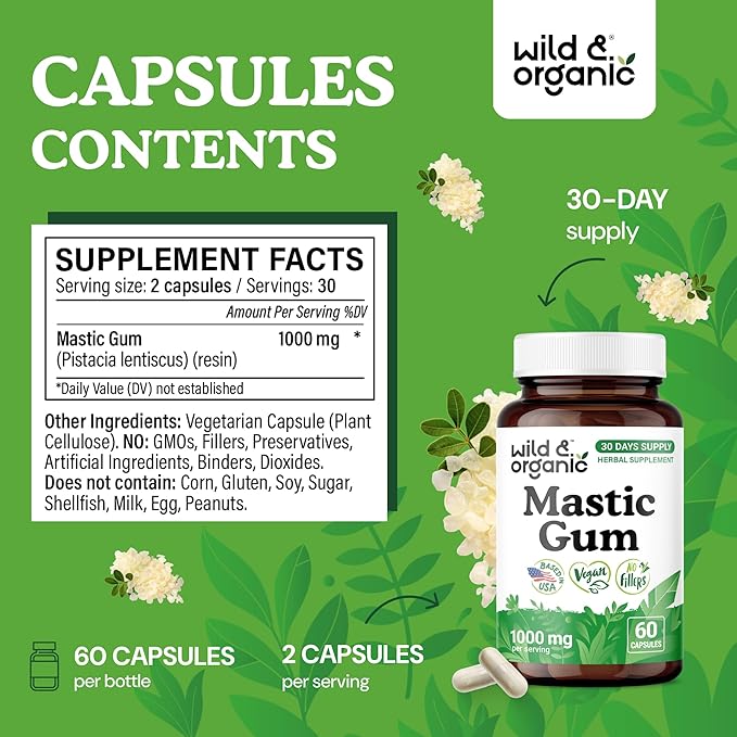 Wild &amp Organic Mastic Gum Capsules - 1000 mg Mastic Gum Supplement for Gut Support - 30 Days of Supply - 60 Vegan Resin Capsules - No Fillers Non-GMO Gluten-Free