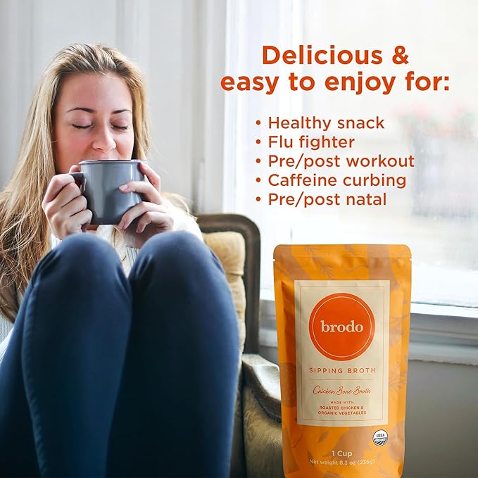 Brodo Organic Chicken Bone Broth Protein-Rich Bone Broth with Collagen Nourishing Chicken Broth Low Sodium for Sipping and Cooking Slow-Simmered for Deep Flavor (4x 25 oz. Pouches)