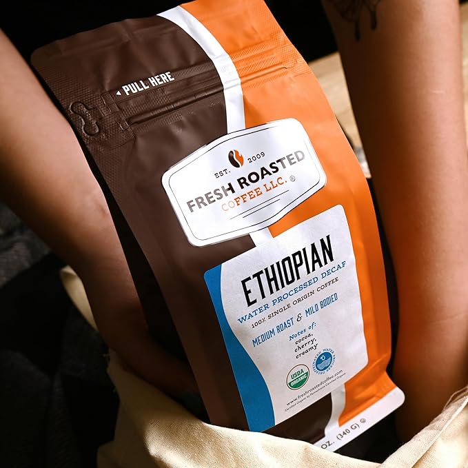 Fresh Roasted Coffee Organic Ethiopian Sidamo Water-Processed Decaf | USDA Organic 100% Single Origin Kosher | Medium Roast 12 oz Whole Bean