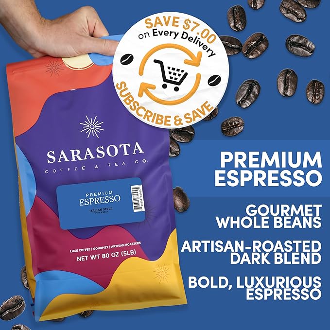 Sarasota Coffee Whole Bean Espresso | Dark Roast Gourmet Coffee Beans | Low Acid Mold Free Specialty Grade Bulk Beans | 5lb (80 oz)