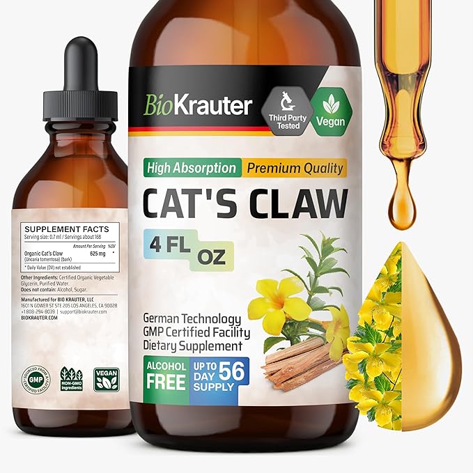 BIO KRAUTER® Сats Сlaw - Liquid Drops Pure Vegan Cats Claw Herb Supplement 625 mg per Serving 4 Fl.Oz 56-Day Supply - Used for Digestive &amp Immune Support Natural Antioxidant - Alcohol &amp Sugar