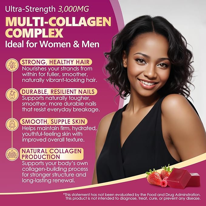 Collagen Gummies + Biotin Soft Chews 3000mg for Women &amp Men Ultra Hydrolyzed Collagen Peptides Boosting Type IIIIIIVX Vitamin C E Anti-Aging Formula for Hair Skin &amp Nails DigestionB