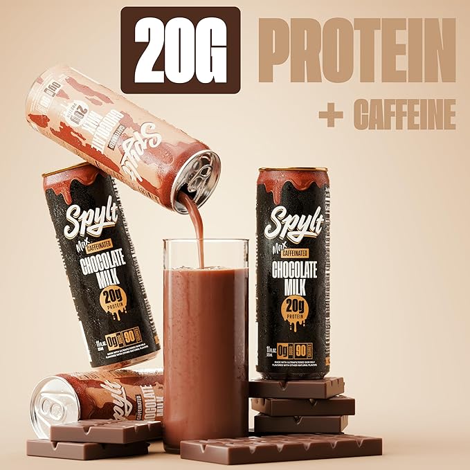 Spylt High Protein Chocolate/Max Chocolate Milk with 140mg Caffeine &amp 20g Protein - 90 Calories Ready to Drink Sugar Free Lactose Free Milk Perfect for Workout Recovery &amp Afternoon Pick Me