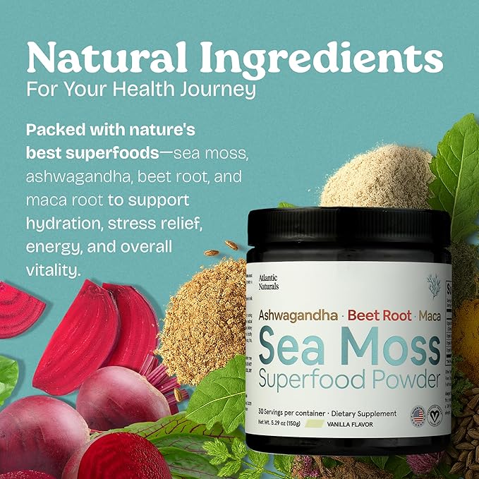 Atlantic Naturals Superfood Organic Sea Moss Powder Blend with Ashwagandha Maca Root &amp Beet Root | Ideal for Healthy Skin Positive Mood &amp Energy | Vanilla Flavor (150g)