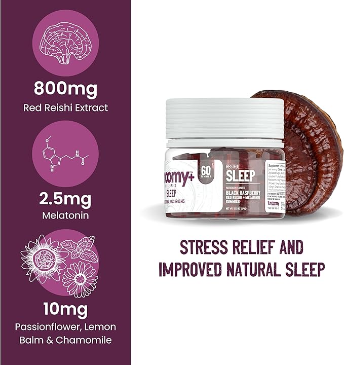 Troomy Sleep Gummies for Adults and Kids Great Tasting Black Raspberry Red Reishi Mushroom Easy Restful Natural Sleep Aid 60 Count