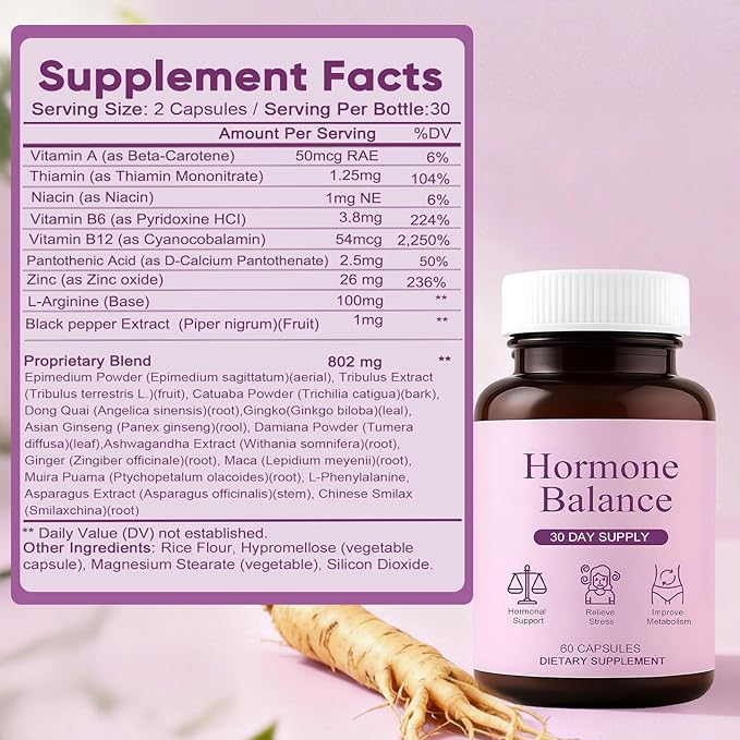Hormonal Balance Supplements for Women - Weight Management for Menopause Relief Support Mood &amp Energy with Ashwagandha Ginger Root 60 Capsules
