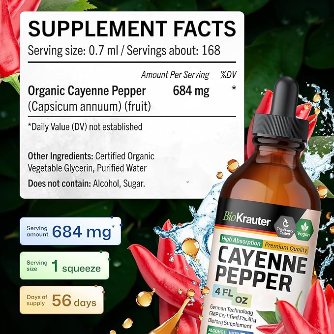 BIO KRAUTER® Cayenne Pepper Drops 684 mg - Pure Vegan Cayenne Pepper Supplements 4 Fl.Oz 56 Days of Supply - Natural Capsaicin for Digestive Support - Alcohol &amp Sugar Free Non-GMO