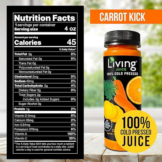 O2 Living Juice Cold Pressed Drink - Carrot Kick Organic Juice Pack - No Added Sugars or Water Naturally Sweetened from Fruits Rich in Nutrients &amp Vitamins - Refreshing &amp Non-GMO - 4 fl oz