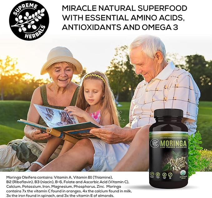 100% Raw and Pure Moringa Leaf Powder Capsules. Organic Certified Moringa Leaf. Natural Superfood with Essential Amino Acids Antioxidants and Omega 3 500mg 120 Capsules.