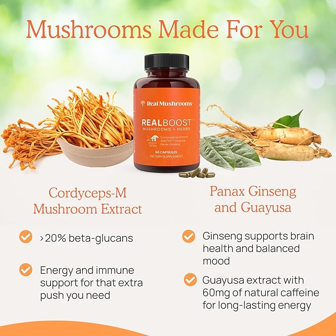 Real Mushrooms RealBoost Capsules – Cordyceps Mushroom Panax Ginseng &amp Guayusa Extract – for Overall Wellness &amp Energy Support – Vegan Non-GMO No Fillers – 60 Count Mushroom Supplement Blen