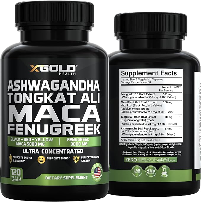 Ashwagandha 5000mg + Tongkat Ali 1000mg + Maca Root 5000mg + Fenugreek 3000mg Supplement | Black + Red + Yellow Maca Root Extract &amp Fenugreek Herbal Supplements for Men &amp Women - Made in USA