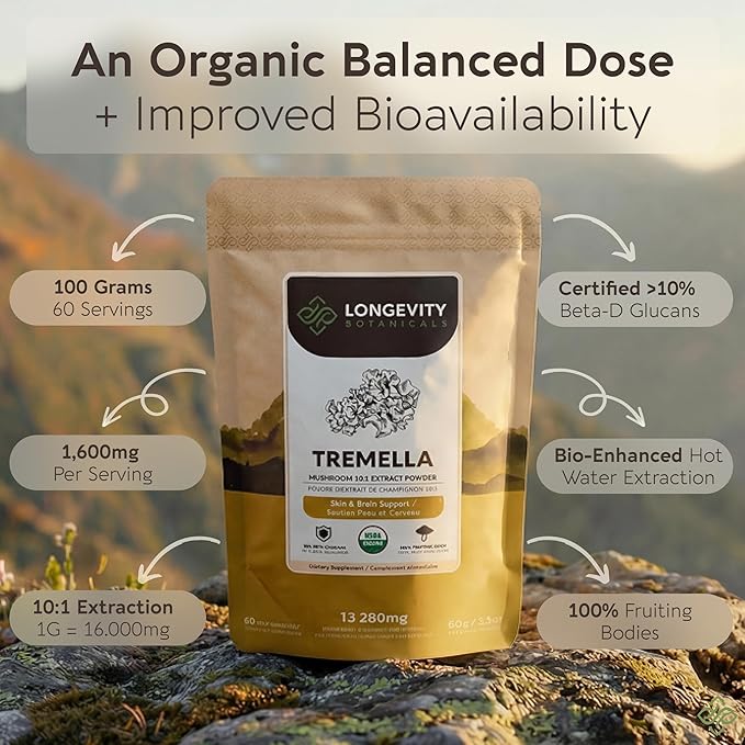 Organic Tremella Mushroom Powder Supplement 10:1 Extract 100g | Snow Fungus Fuciformis 100% Fruiting Body | ≥30% Beta-D-Glucans | 60 Servings of 1660mg | Skin Hydration Complexion &amp Beauty Suppo