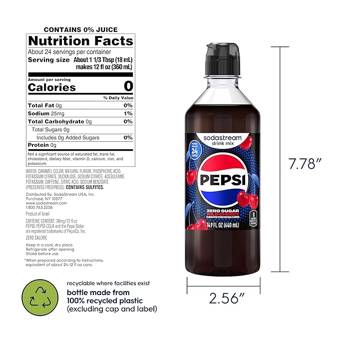 SodaStream Pepsi Wild Cherry Zero Sugar New Pour Bottles Drink Mix (440ml Pack of 4)