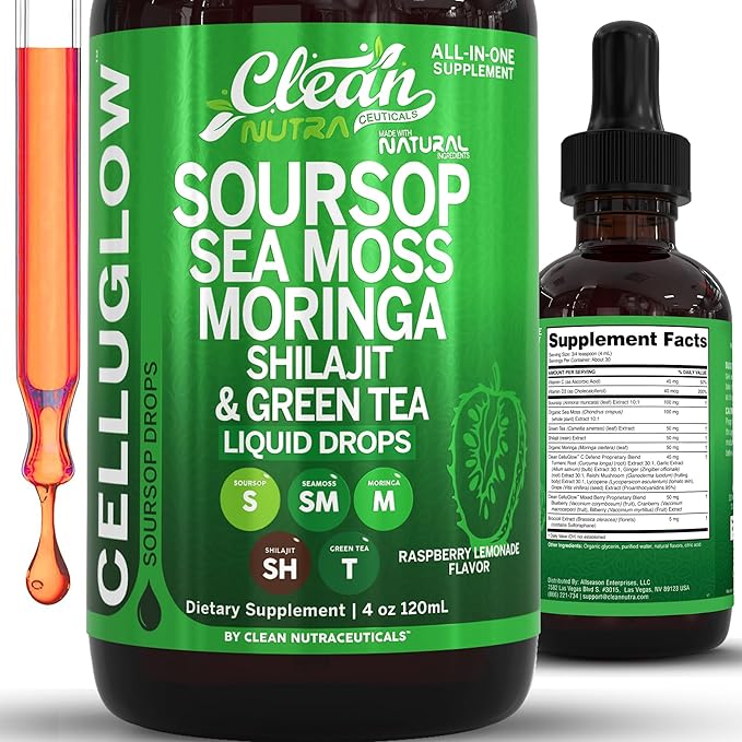 Clean Nutra Soursop Liquid Drops Sea Moss Moringa Shilajit Green Tea Vitamin D Vitamin C Garlic Supplements Grape Seed Lycopene Turmeric Root 4 Oz Immune Support &amp Cellular Health by Clean Nutra