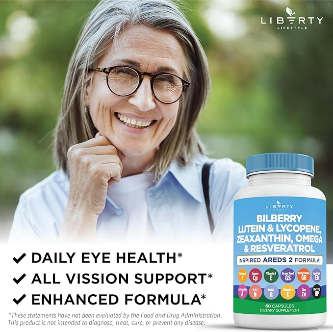 Eye Health Vitamins with Bilberry Lutein &amp Zeaxanthin Lycopene Resveratrol Grape Seed Extract Flaxseed Astaxanthin- AREDS 2-120 Capsules