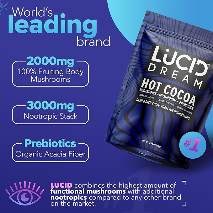 Lucid Dream Mushroom Hot Cocoa for Sleep -Dreamy Nighttime Blend with Adaptogens for Relaxation-Boosts Melatonin for Better Rest (7.94 Ounces Chocolate)