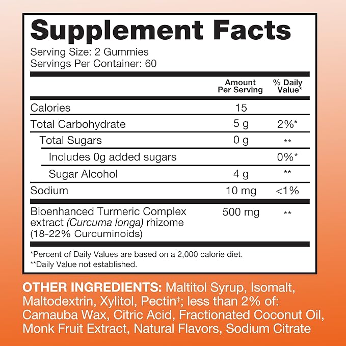 Qunol Zero Sugar Turmeric Gummies Gummy with 500mg Turmeric Curcumin Joint Support Supplement Ultra High Absorption Tumeric Curcumin Vegetarian Gluten Free 120 Count