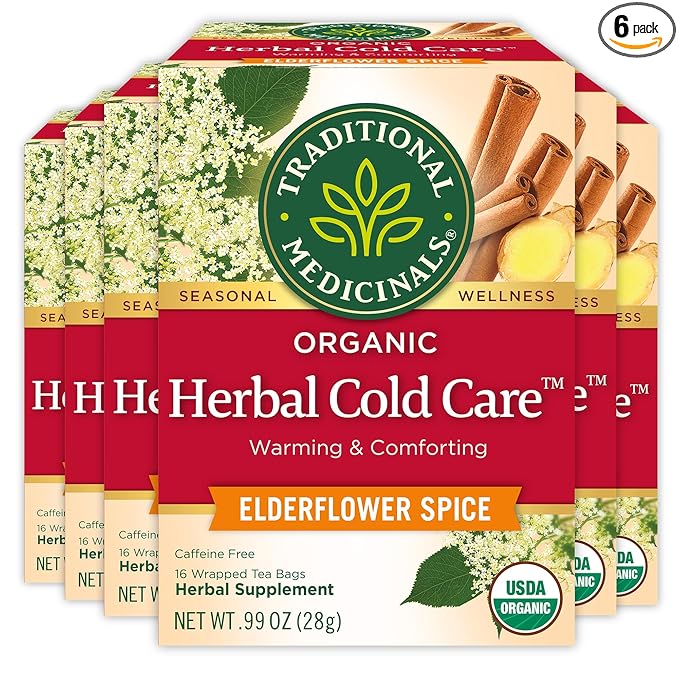Traditional Medicinals Tea Herbal Cold Care Seasonal Tea with Elderflower Spice Kosher Non-GMO Caffeine-Free Compostable - 96 Tea Bags (6 Pack)