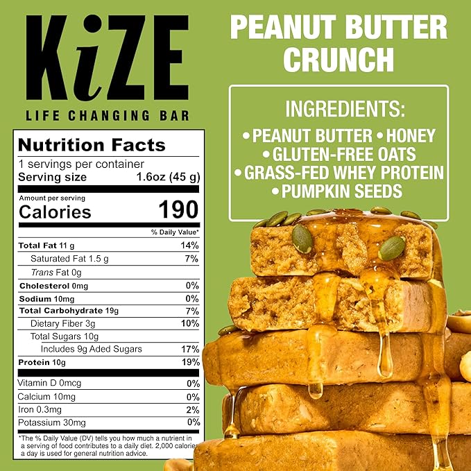 KiZE Energy Bars - Peanut Butter Crunch - Gluten Free Non-GMO and High Protein Meal Replacement Energy Bars Clean and Simple Food Ingredients - 10g High Protein Snacks (10 Count)