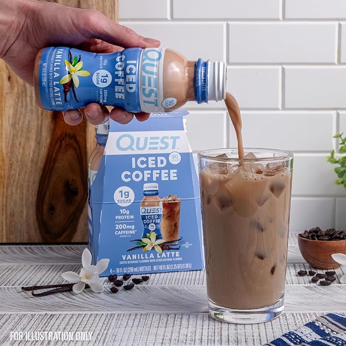 Quest Nutrition Iced Coffee Vanilla Latte 1g of Sugar 10g of Protein 90 calories 200mg of caffeine 12 Count