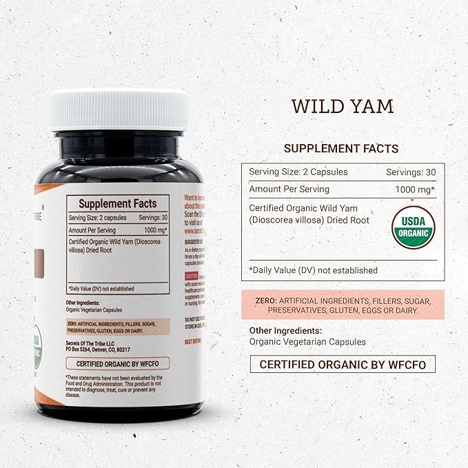 Secrets of the Tribe Wild Yam USDA Organic 60 Capsules | Made with Organic Vegetarian Capsules and Responsibly farmed Wild Yam (Dioscorea Villosa) Dried Root (60 Capsules)