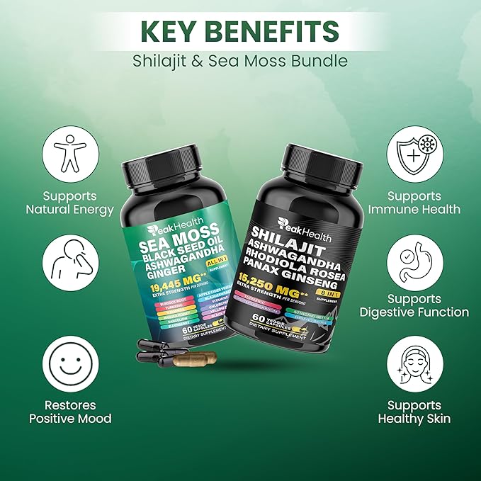 Shilajit Sea Moss Black Seed Oil Ashwagandha Capsules for Man Woman2 Bottle Combo with Turmeric Panax Ginseng Rhodiola19445mg Herbal FormulaEnergy &amp Immune Support 60 Capsules