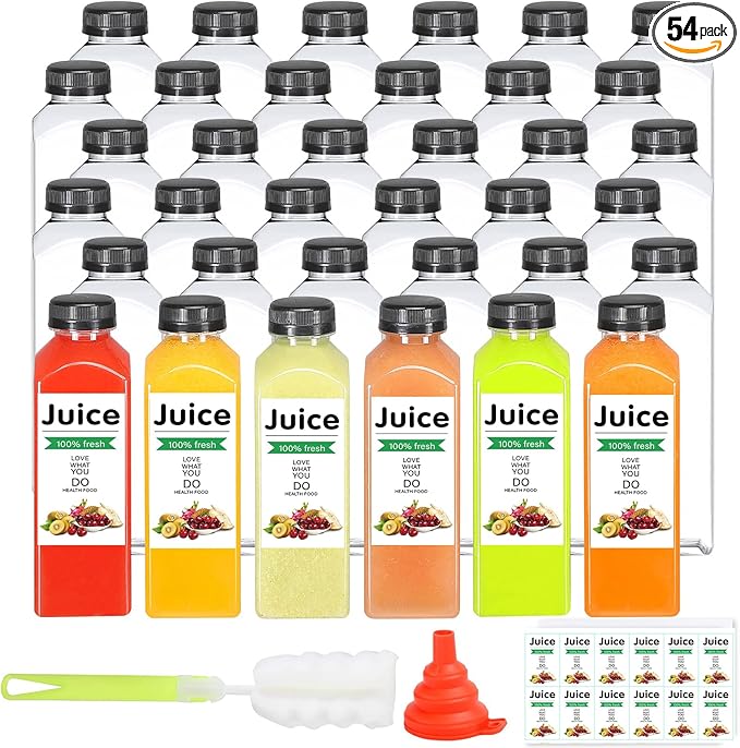 54pcs 8oz Plastic bottles with lids juice bottles with caps Reusable containers and Clear beverage for milk Smoothies juice