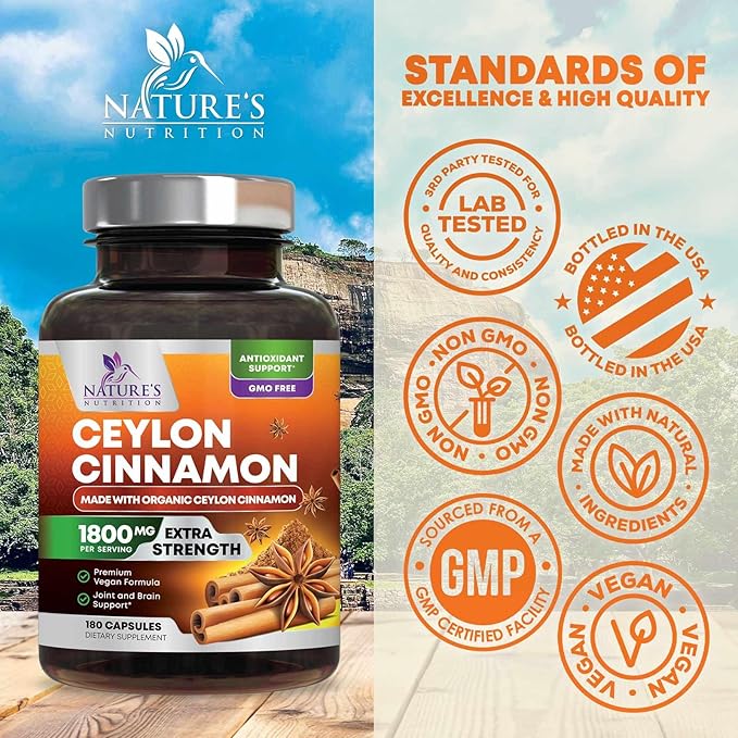 Organic Ceylon Cinnamon 1800mg Per Serving - Extra Strength Certified Organic Ceylon Cinnamon Powder Pills Supplement - Energy &amp Heart Support Antioxidant for Women &amp Men Bottled USA - 180 Ca