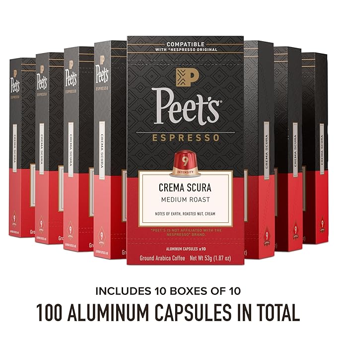 Peet's Coffee Medium Roast Espresso Capsules Compatible with Nespresso Original Machine 100% Arabica Coffee - Crema Scura Intensity 9 100 Count (10 Boxes of 10 Espresso Capsules)