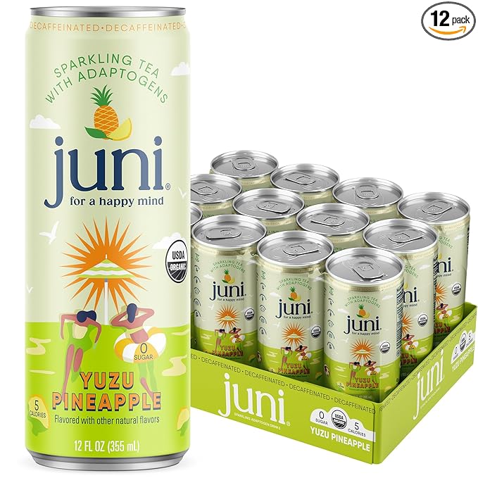 Juni Sparkling Adaptogen Drink with Ashwagandha Lion’s Mane &amp Reishi Mushrooms | Green Tea for Focus Zero Sugar 5 Calories | Decaffeinated Non Alcoholic Drinks - Yuzu Pineapple 12 pack