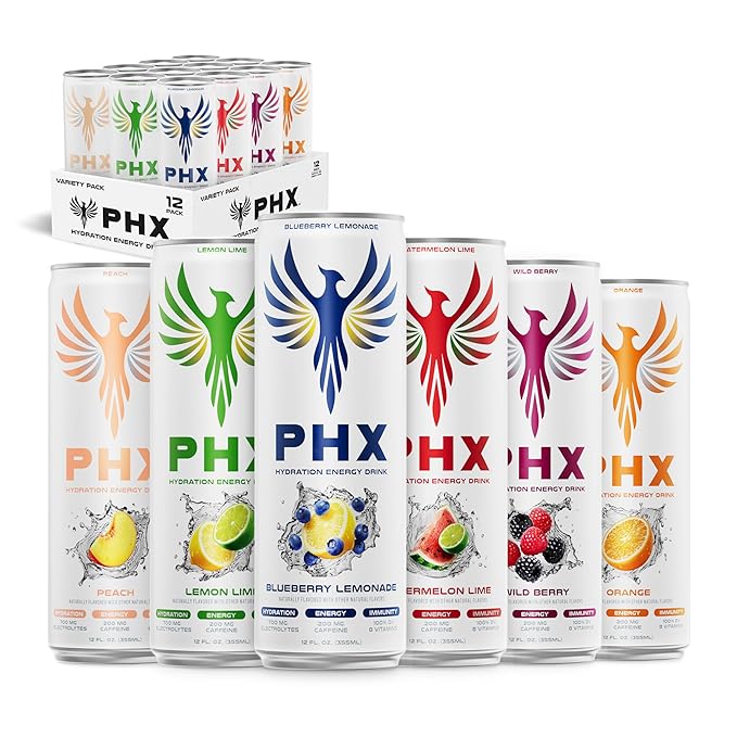 PHX Hydration Energy Drink - 700mg Electrolytes 200mg Natural Green Tea Caffeine 100% Daily Value 8 Essential Vitamins - 12 oz Cans (12 Pack) (12 Pack Variety Pack)