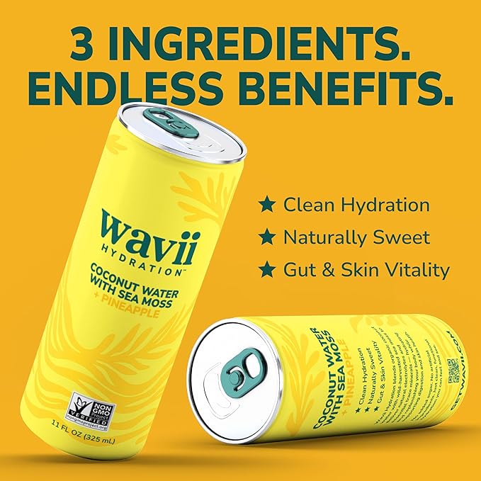 Wavii Hydration Organic Coconut Water with Organic Sea Moss plus Pineapple 11 fl oz Cans Pack of 12 – Clean Refreshing Hydration with Naturally Occurring Electrolytes No Added Sugar Non-GMO