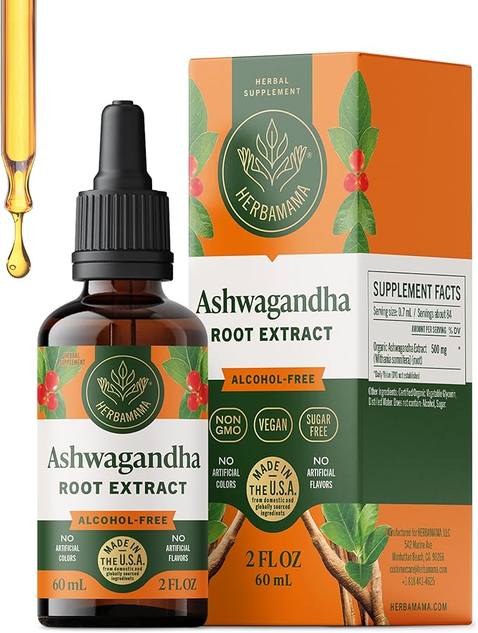 HERBAMAMA Ashwagandha Liquid Drops - Vegan Ashwagandha Root Extract for Calm &amp Mood Support - Non-GMO Alcohol &amp Sugar-Free Calming Supplement for Adults 28-Day Supply
