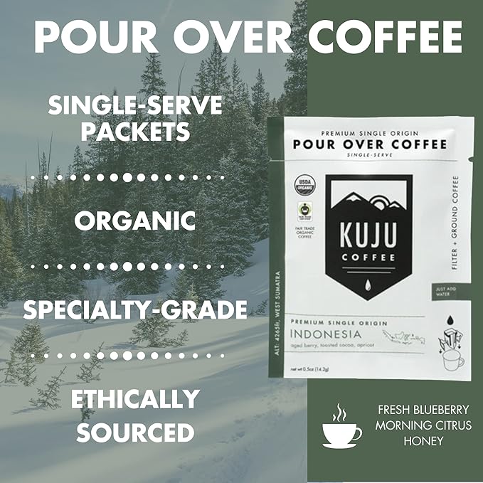 Kuju Coffee Premium Pour Over Individual Coffee Packets - Backpacking Travel Camping Organic Coffee Singles - Fair Trade &amp Eco-Friendly - Indonesia - West Sumatra 6-pack