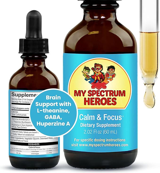 My Spectrum Heroes Calm &amp Focus Supplement Drops - Brain Support with L-theanine GABA Huperzine A - Enhance Focus for Kids or Adults - Boost Concentration for Kids &amp Teens - 2.02 FL oz. (60