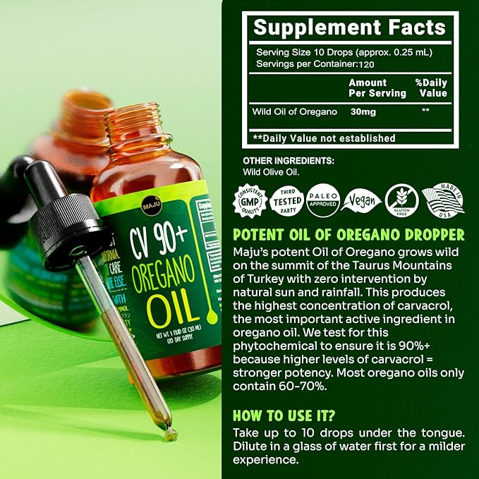 Maju Superfoods Oregano Oil Drops Potent 90%+ Carvacrol (1 fl Oz) Wild Mediterranean Essential Oil of Oregano Liquid Aceite de Oregano Immune and Seasonal Support