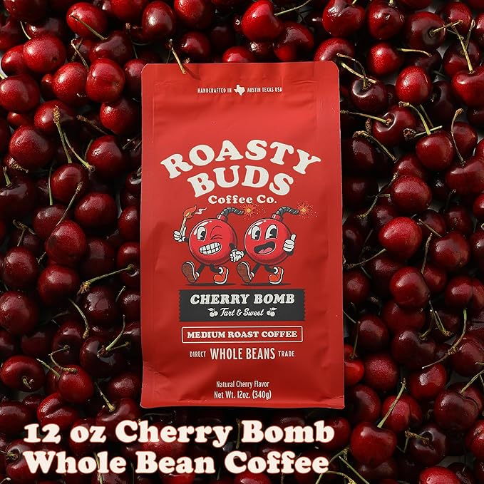 Roasty Buds Cherry Bomb Whole Bean Coffee | 100% Arabica Coffee 12oz | Gluten-Free Non-GMO Vegan (Whole Bean Cherry Bomb)