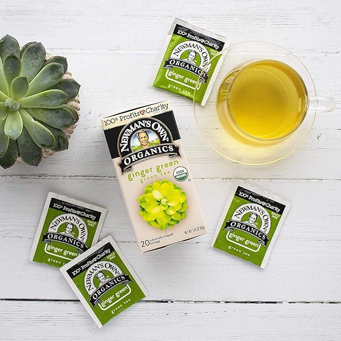 Newman's Own Organic Ginger Green Tea Green Tea with 20 Individually Wrapped Tea Bags Per Box (Pack of 4) USDA Certified Contains Caffeine Brew Hot