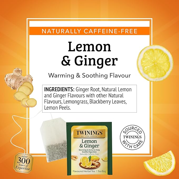 Twinings Lemon &amp Ginger Herbal Tea Individually Wrapped Bags 25 Count (Pack of 6) Spicy Ginger Lemon Peel &amp Lemongrass Naturally Caffeine-Free Enjoy Hot or Iced 150 Teabags
