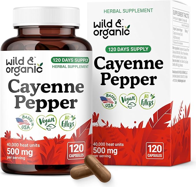 Wild &amp Organic Cayenne Pepper Capsules 500 mg - Digestive Support - Pure Cayenne Pepper Extract - Capsaicin Supplements - Vegan No Fillers Non-GMO - 120 Count