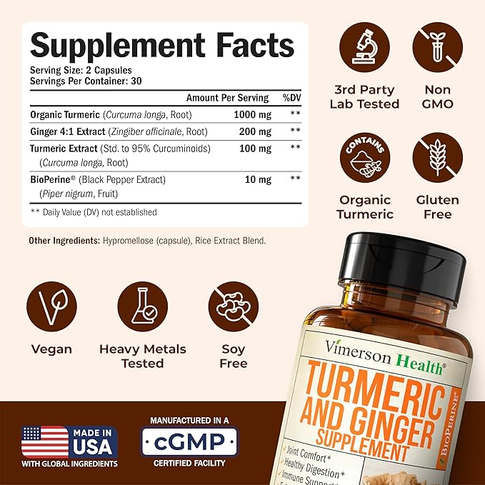 Turmeric Curcumin Supplement with Ginger Root for Joint Support Digestive &amp Gut Health - Contains Organic Turmeric Curcumin with Black Pepper (Bioperine) for Enhanced Absorption - 60 Capsules 2
