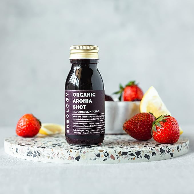 Erbology Organic Aronia Berry Juice 12 Daily Shots (2 fl oz) - Glowing Skin - Rich in Anthocyanins - Straight from Farm in Europe - Undiluted - No Added Sugar - Non-GMO - Recyclable Glass Bottle