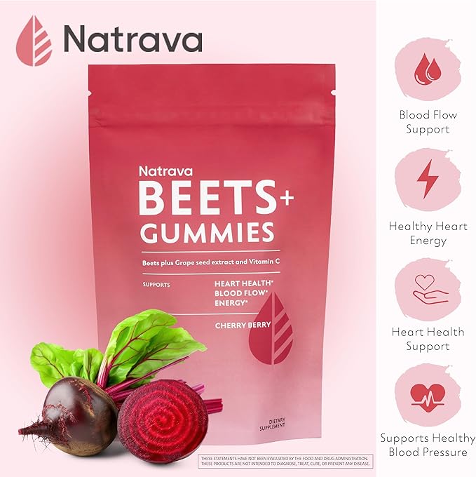 Beets+ Gummies - Premium Beet Root Powder Grape Seed Extract and Vitamin C - Supports Healthy Blood Pressure and Heart Health - Low Sugar Nitric Oxide and Circulation Supplement - 50 Gummies