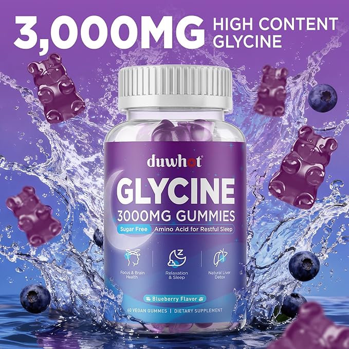 Glycine Gummies 3g(3000 mg) Glycine Supplements for Sleep Detox Relax Nerve Support Blueberry Flavor Sugar-Free Vegan Non-GMO Gluten-Free 120 Ct.