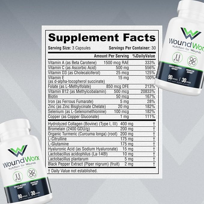Free Life Labs WoundWorx Nutrition-Scar and Surgery Support Wound Care General and Plastic Surgery Faster Healing w/Vitamins Amino Acids Collagen Probiotics Turmeric Bromelain-90 caps
